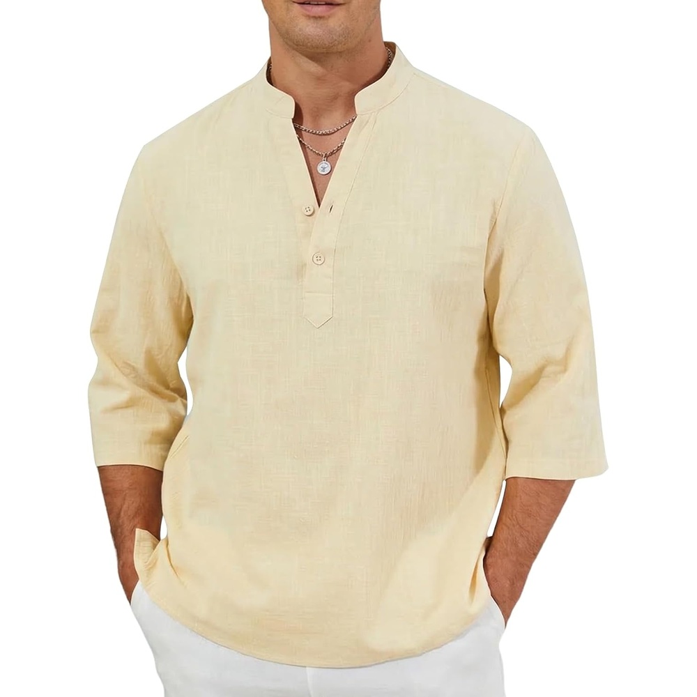 image:imageArssm Linen Shirts for Men Summer Cotton Henley Shirts 34 Sleeve T Shirts Beach Hawaiian TopsBeige