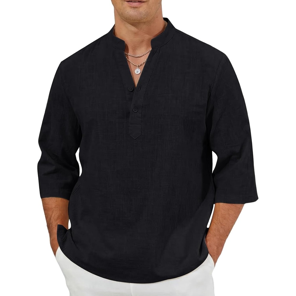 image:imageArssm Linen Shirts for Men Summer Cotton Henley Shirts 34 Sleeve T Shirts Beach Hawaiian TopsBlack