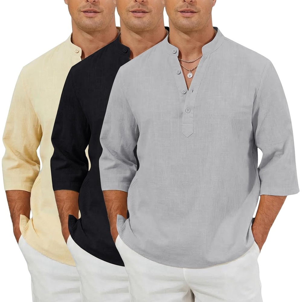 image:imageArssm Linen Shirts for Men Summer Cotton Henley Shirts 34 Sleeve T Shirts Beach Hawaiian TopsBlackbeigegrey