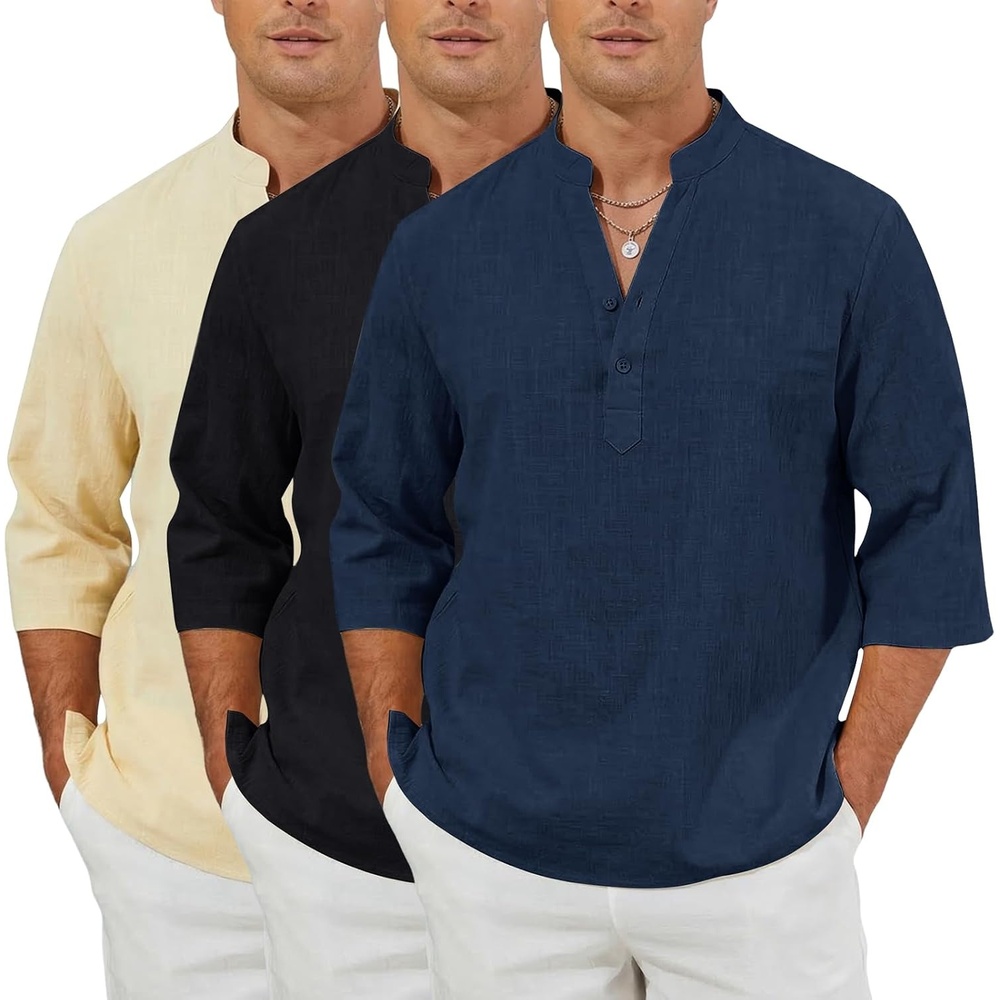 image:imageArssm Linen Shirts for Men Summer Cotton Henley Shirts 34 Sleeve T Shirts Beach Hawaiian TopsBlackbeigenavy