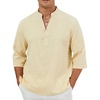 Arssm Linen Shirts for Men Summer Cotton Henley Shirts 3/4 Sleeve T Shirts Beach Hawaiian Tops(Beige)