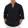 Arssm Linen Shirts for Men Summer Cotton Henley Shirts 3/4 Sleeve T Shirts Beach Hawaiian Tops(Black)