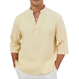 Arssm Linen Shirts for Men Summer Cotton Henley Shirts 3/4 Sleeve T Shirts Beach Hawaiian Tops(Beige)