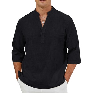 Arssm Linen Shirts for Men Summer Cotton Henley Shirts 3/4 Sleeve T Shirts Beach Hawaiian Tops(Black)