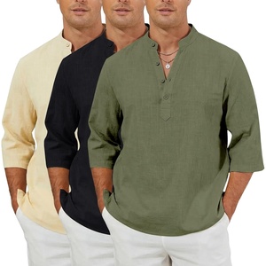 Arssm Linen Shirts for Men Summer Cotton Henley Shirts 3/4 Sleeve T Shirts Beach Hawaiian Tops(Black+beige+army)