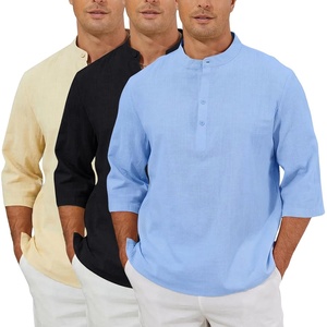 Arssm Linen Shirts for Men Summer Cotton Henley Shirts 3/4 Sleeve T Shirts Beach Hawaiian Tops(Black+beige+blue)