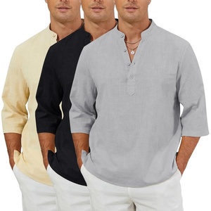 Arssm Linen Shirts for Men Summer Cotton Henley Shirts 3/4 Sleeve T Shirts Beach Hawaiian Tops(Black+beige+grey)