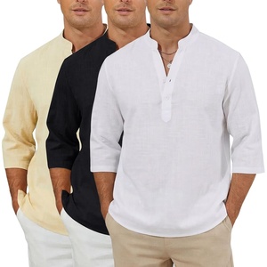 Arssm Linen Shirts for Men Summer Cotton Henley Shirts 3/4 Sleeve T Shirts Beach Hawaiian Tops(Black+beige+white)